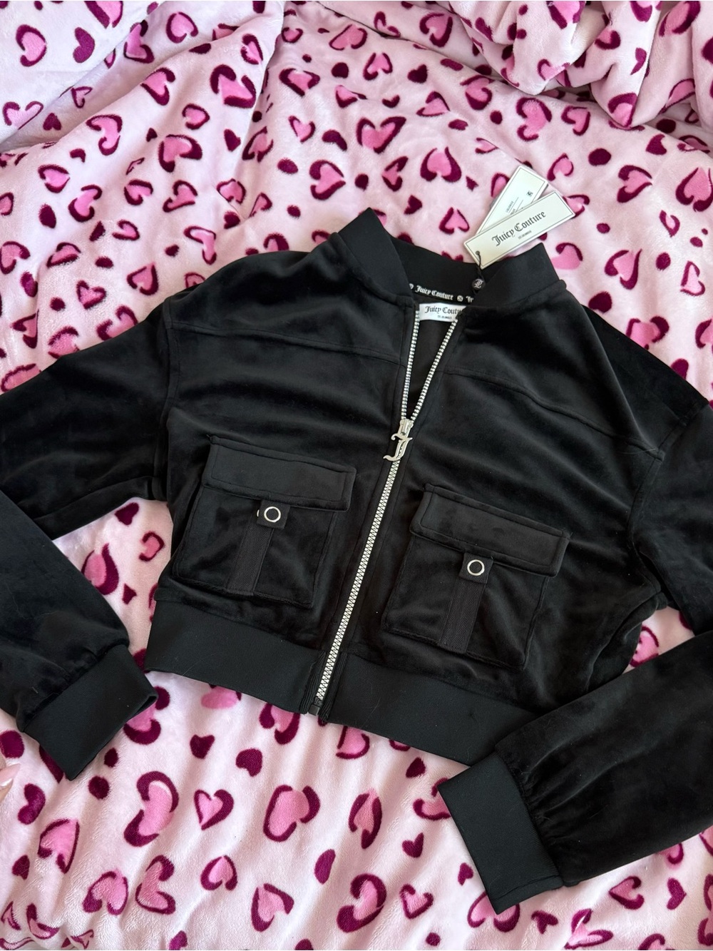 Juicy Couture Black Velour Cropped Bomber Jacket NWT xs